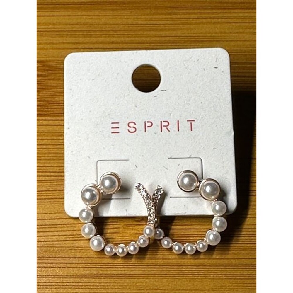 ESPRIT Gold Tone Pearl Rhinestone Hoop Earrings Crescent Style Boho New Pair